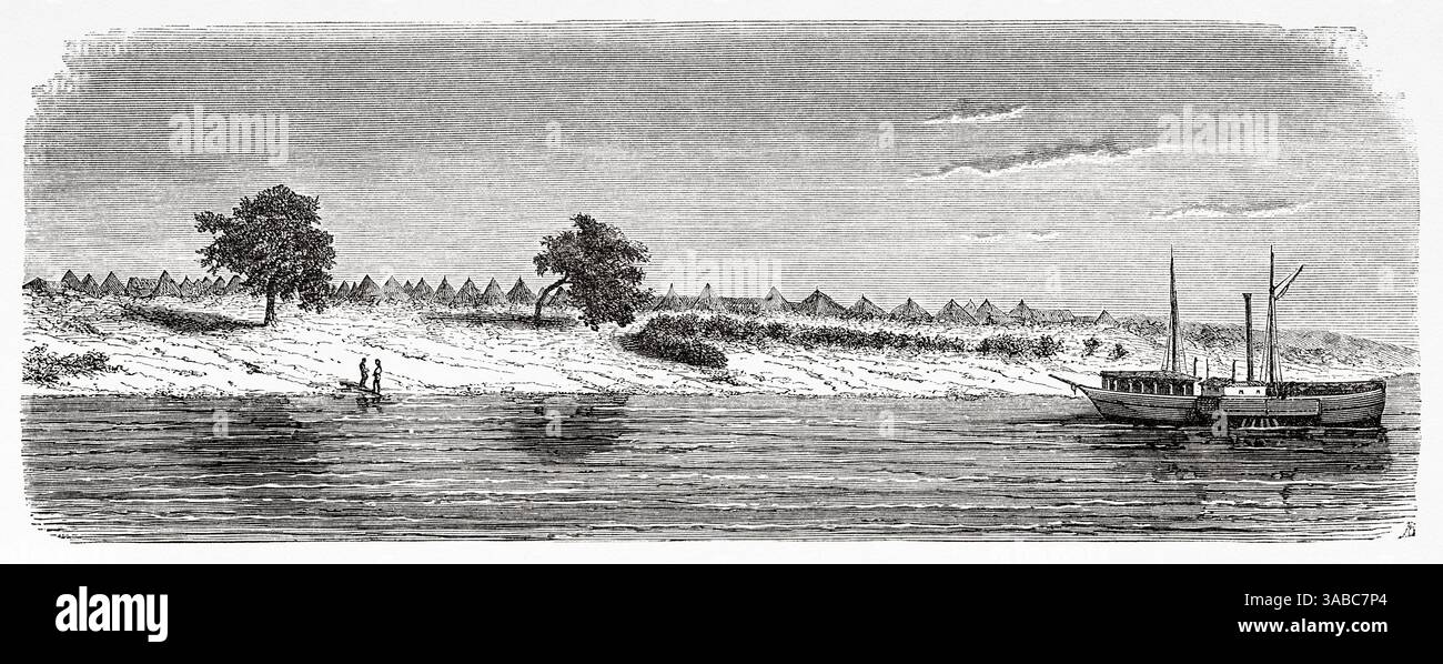 Ville de Ndioum, région de Saint Louis, Sénégal, Afrique. Dessin d'Alexandre de Bar (1821-1908) croisière sur les côtes africaines en 1868 par le vice-amiral Alphonse Fleuriot de Langle (1809 - 1881) le Tour du monde 1872 Banque D'Images