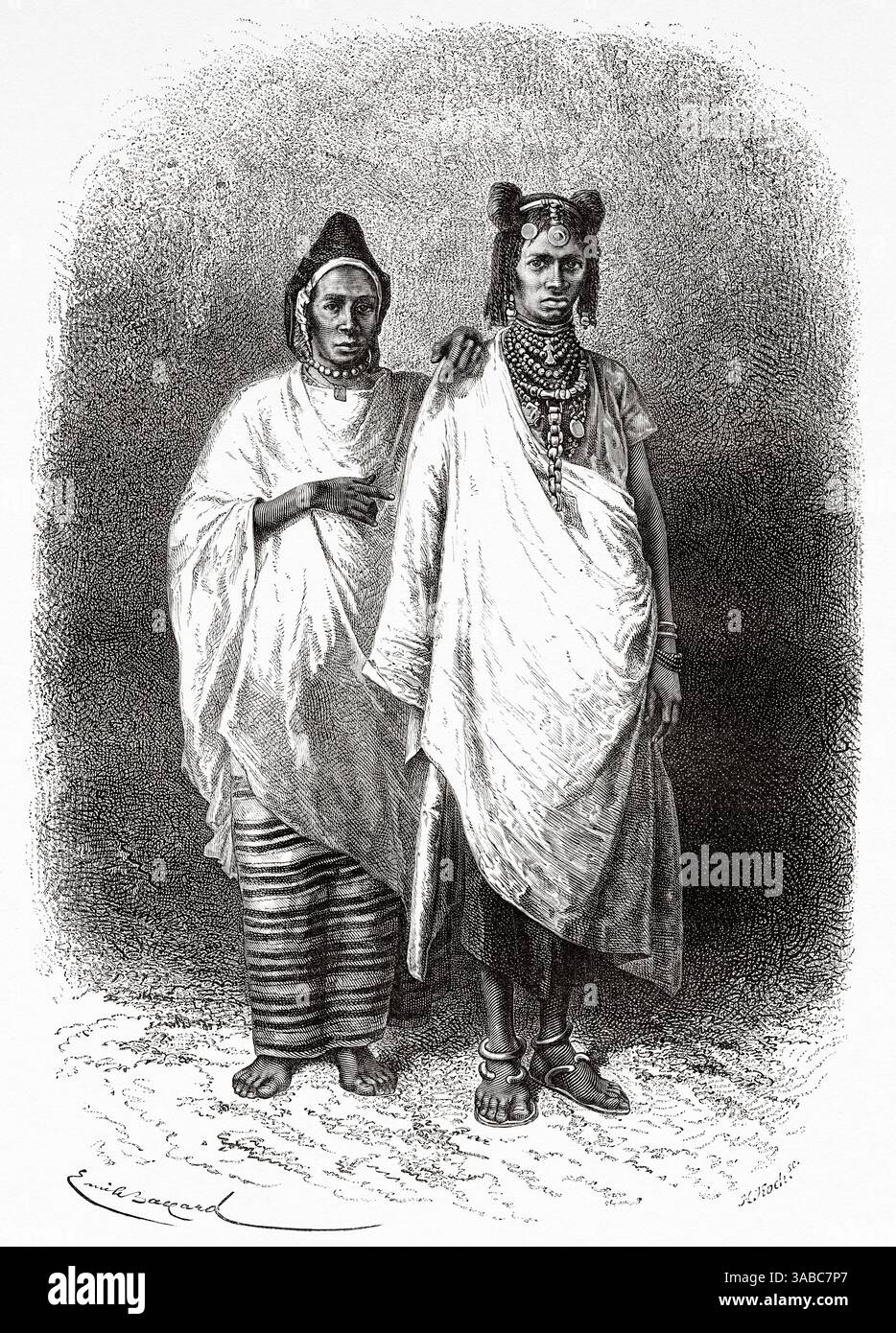 Femmes sarakolaises et kassonkaises du Haut Sénégal, vêtues de vêtements traditionnels typiques, Sénégal, Afrique. Dessin d'Emile Bayard (1837-1891) croisière sur les côtes africaines en 1868 par le vice-amiral Alphonse Fleuriot de Langle (1809 - 1881) le Tour du monde 1872 Banque D'Images