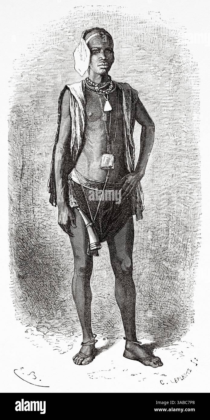 Le peuple Peuls, aussi appelé Foulani, Fulbhés, Fulfulde, Pular ou Fellata, est un peuple traditionnellement pastoral établi dans tout le Sénégal, en Afrique. Dessin d'Emile Bayard (1837-1891) croisière sur les côtes africaines en 1868 par le vice-amiral Alphonse Fleuriot de Langle (1809 - 1881) le Tour du monde 1872 Banque D'Images