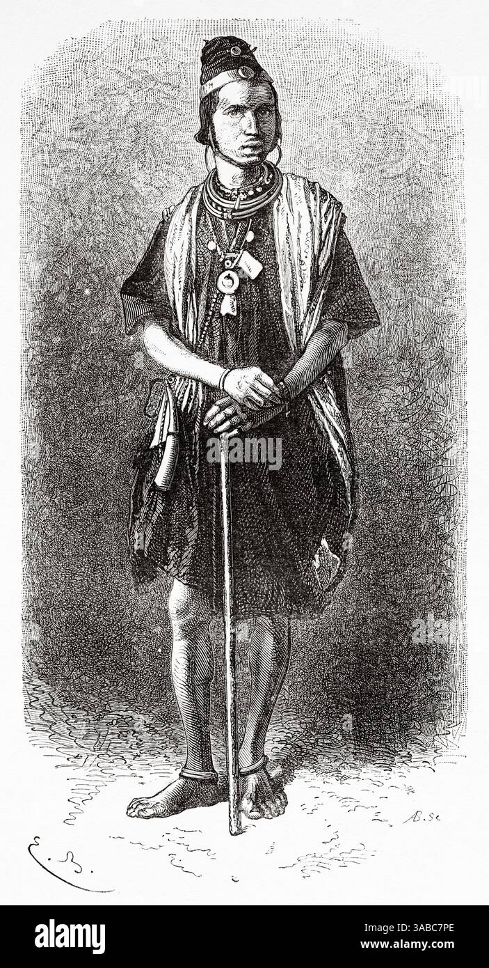 Le peuple Peuls, aussi appelé Foulani, Fulbhés, Fulfulde, Pular ou Fellata, est un peuple traditionnellement pastoral établi dans tout le Sénégal, en Afrique. Dessin d'Emile Bayard (1837-1891) croisière sur les côtes africaines en 1868 par le vice-amiral Alphonse Fleuriot de Langle (1809 - 1881) le Tour du monde 1872 Banque D'Images