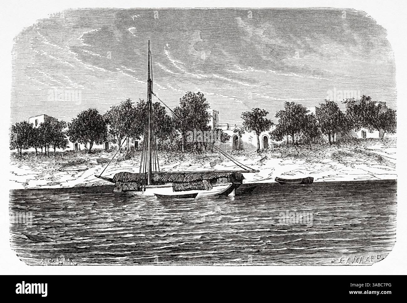 Poor, ville la plus septentrionale du Sénégal, située sur l'île de Morfil entre le fleuve Sénégal et le fleuve doué, à la frontière avec la Mauritanie. C'était l'emplacement de l'ancien état Takrur, Sénégal, Afrique. Dessin d'Alexandre de Bar (1821-1908) croisière sur les côtes africaines en 1868 par le vice-amiral Alphonse Fleuriot de Langle (1809 - 1881) le Tour du monde 1872 Banque D'Images