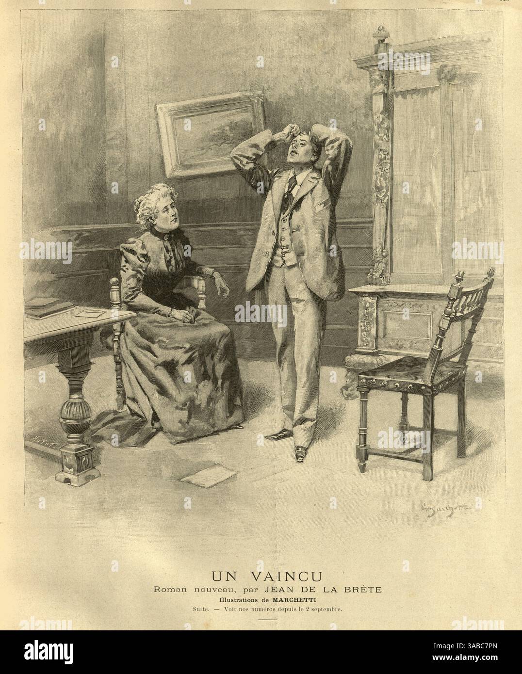 Jeune homme bouleversé tenant sa tête dans ses mains, femme triste regardant, Romance, Français, France, vieille illustration vintage, années 1890 XIXe siècle. Scène de un Vaincu par Jean de la Brete Banque D'Images
