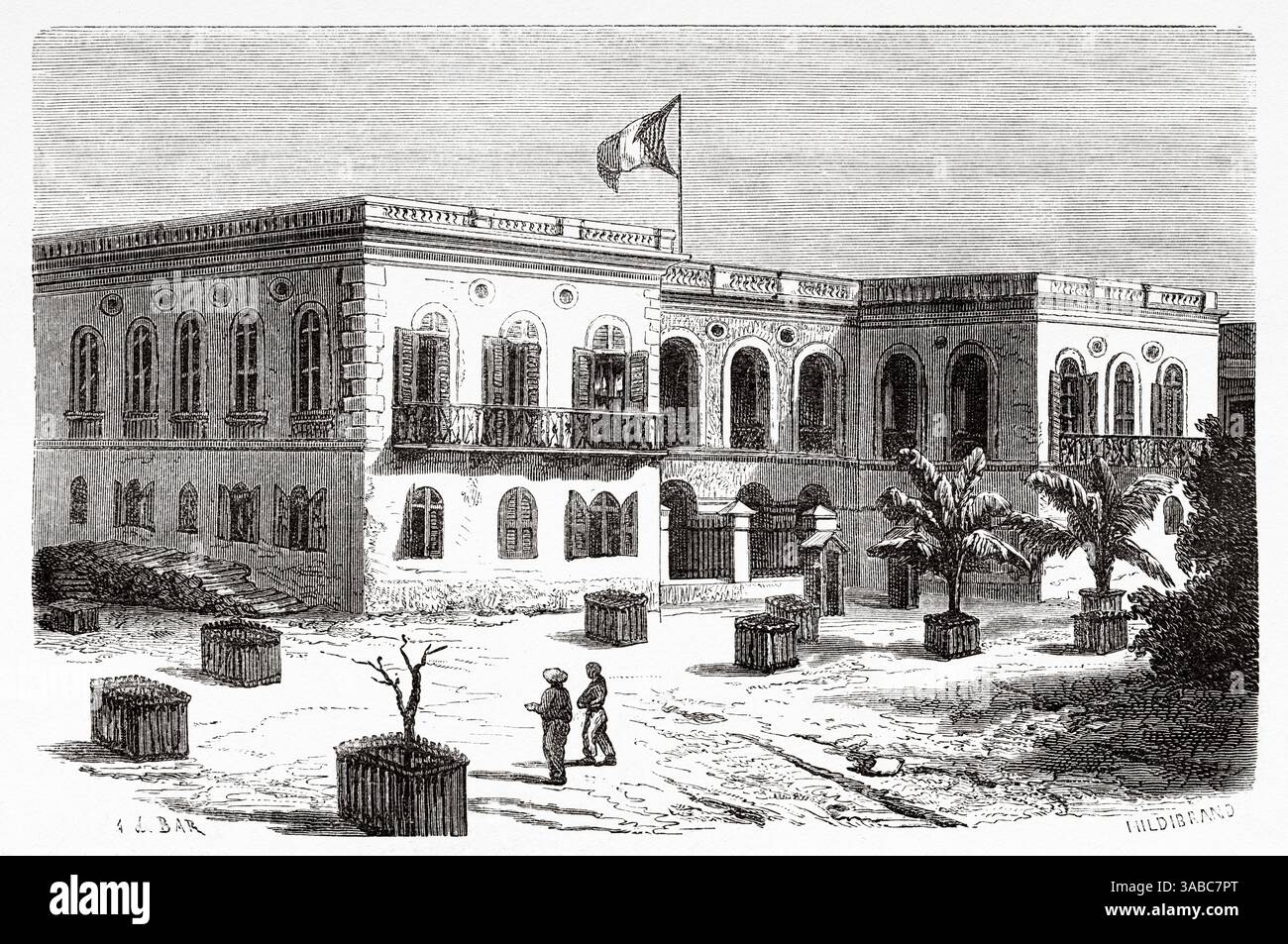 Maison du gouvernement à Goree, Sénégal, Afrique. Dessin d'Alexandre de Bar (1821-1908) croisière sur les côtes africaines en 1868 par le vice-amiral Alphonse Fleuriot de Langle (1809 - 1881) le Tour du monde 1872 Banque D'Images