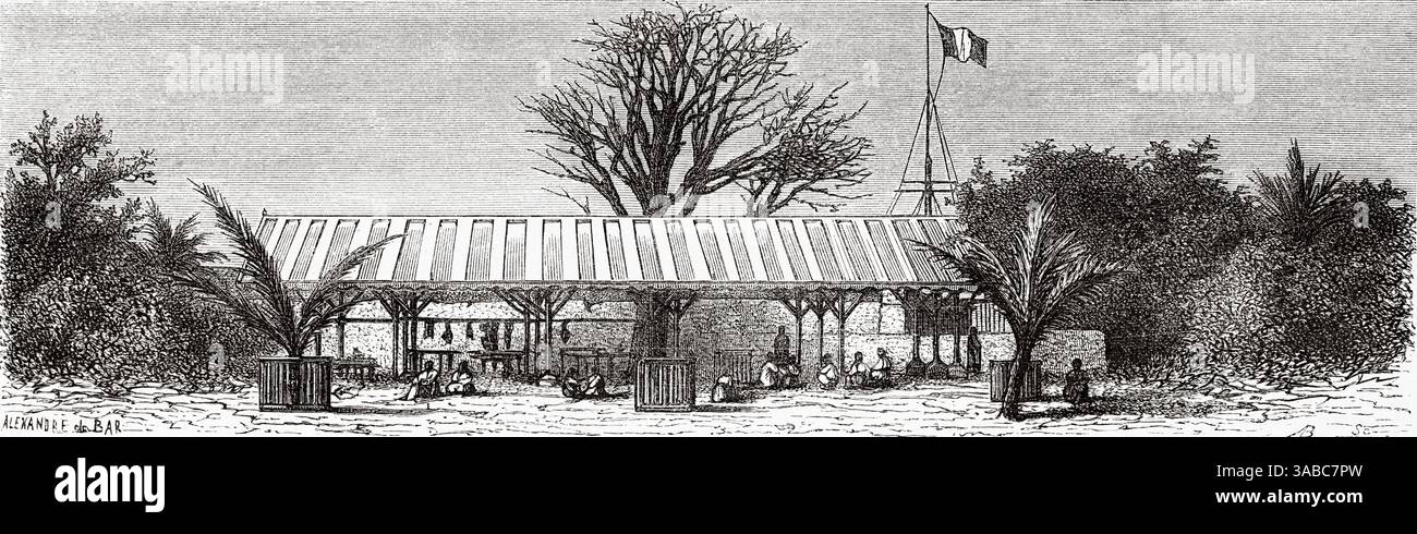 Marché de l'île de Gorée à Dakar, Sénégal, Afrique. Dessin d'Alexandre de Bar (1821-1908) croisière sur les côtes africaines en 1868 par le vice-amiral Alphonse Fleuriot de Langle (1809 - 1881) le Tour du monde 1872 Banque D'Images