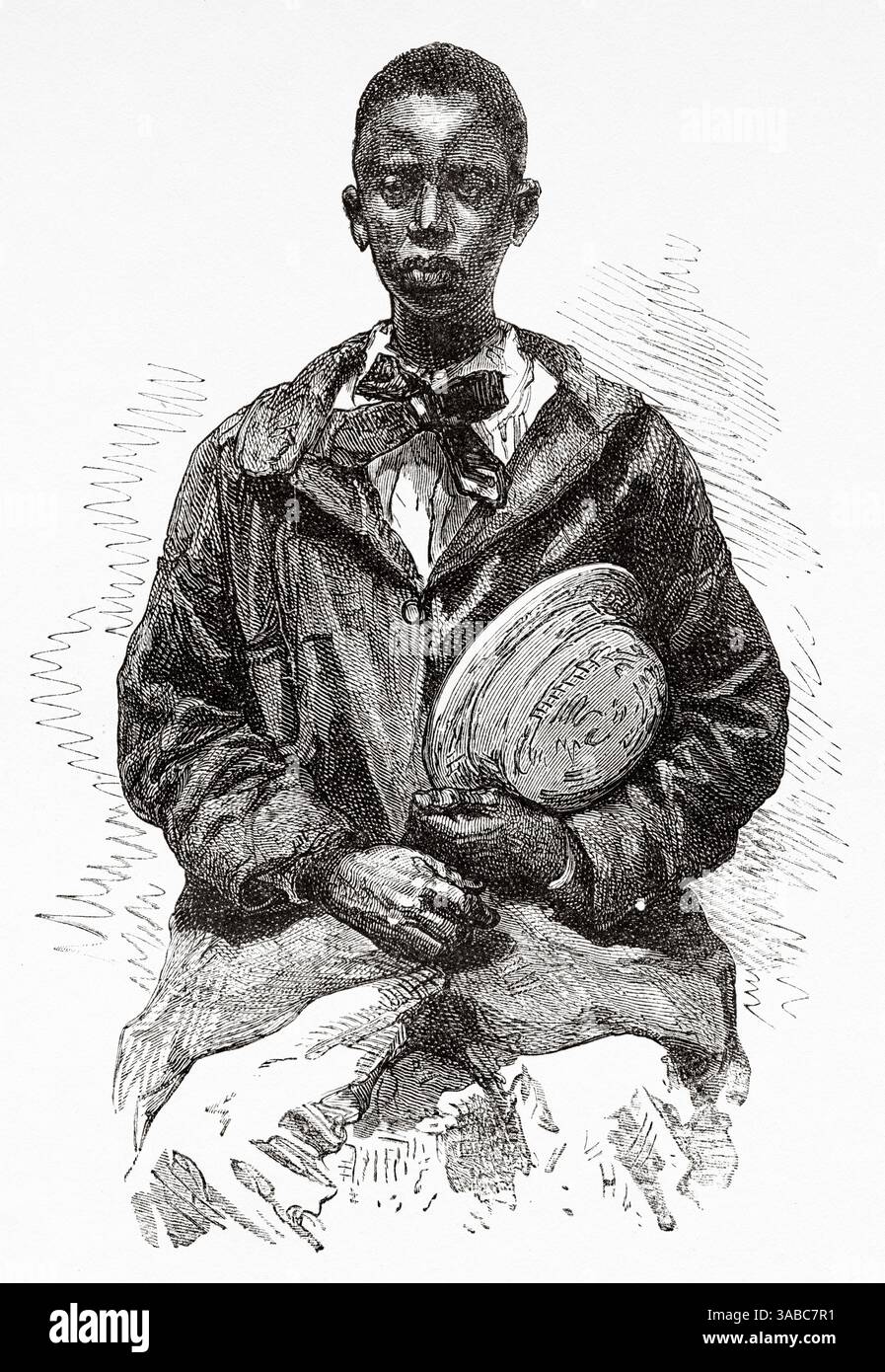 Greffier sénégalais, Sénégal, Afrique. Dessin d'Alphonse de Neuville (1835-1885) croisière sur les côtes africaines en 1868 par le vice-amiral Alphonse Fleuriot de Langle (1809 - 1881) le Tour du monde 1872 Banque D'Images