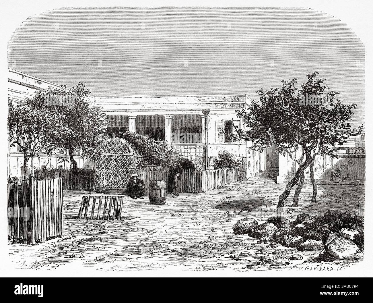 Intérieur de l'hôpital de Gore, Sénégal, Afrique. Dessin de A. Marie. Croisière sur les côtes africaines en 1868 par le vice-amiral Alphonse Fleuriot de Langle (1809 - 1881) le Tour du monde 1872 Banque D'Images