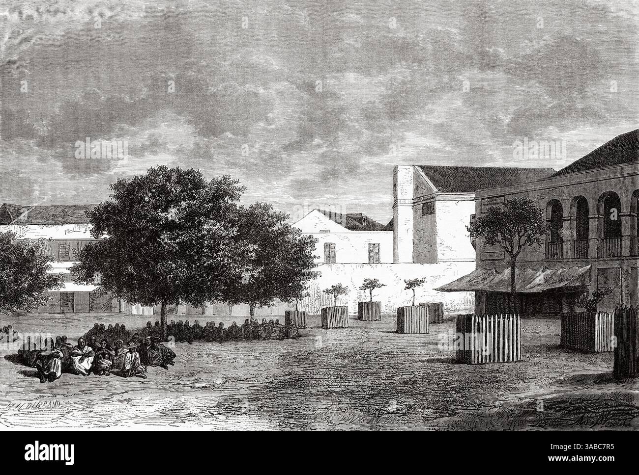 Marché de l'île de Gorée à Dakar, Sénégal, Afrique. Dessin de A. Marie. Croisière sur les côtes africaines en 1868 par le vice-amiral Alphonse Fleuriot de Langle (1809 - 1881) le Tour du monde 1872 Banque D'Images