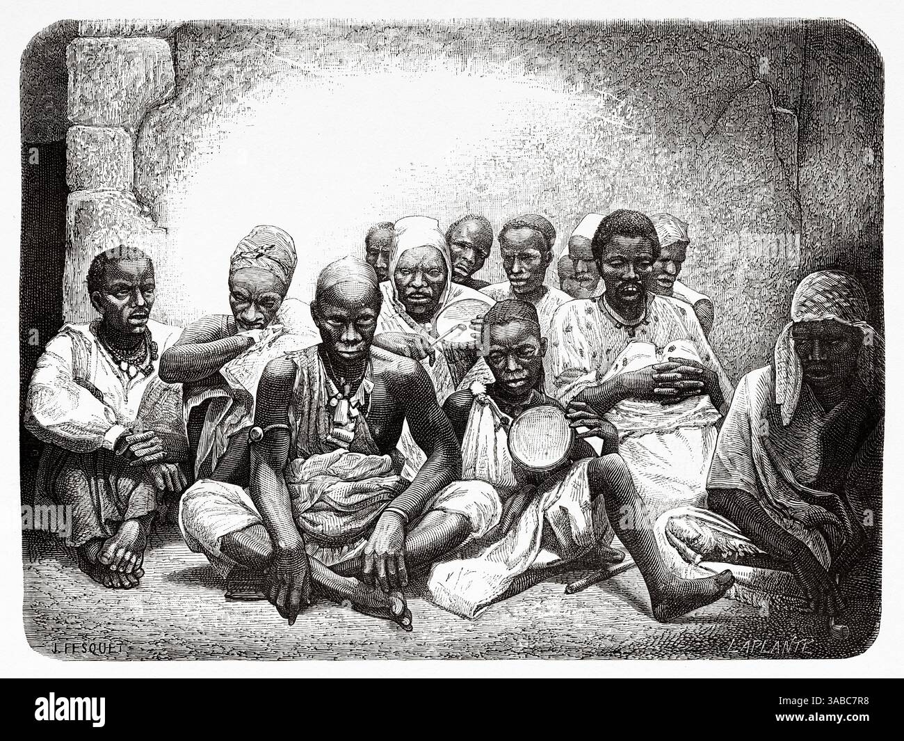 Goree Griots, est une historienne ouest-africaine, conteuse, chanteuse de louange, poète, musicienne. Sénégal, Afrique. Dessin de Jules Fesquet (1817 - 1878) croisière sur les côtes africaines en 1868 par le vice-amiral Alphonse Fleuriot de Langle (1809 - 1881) le Tour du monde 1872 Banque D'Images