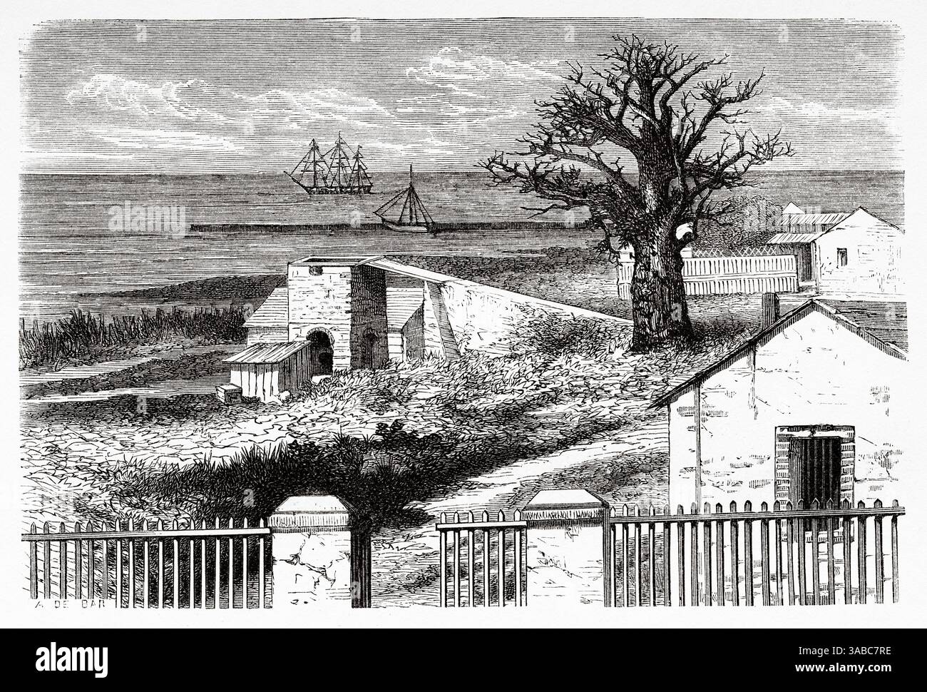 Vue de Dakar, capitale et plus grande ville du Sénégal, Afrique. Dessin d'Alexandre de Bar (1821-1908) croisière sur les côtes africaines en 1868 par le vice-amiral Alphonse Fleuriot de Langle (1809 - 1881) le Tour du monde 1872 Banque D'Images