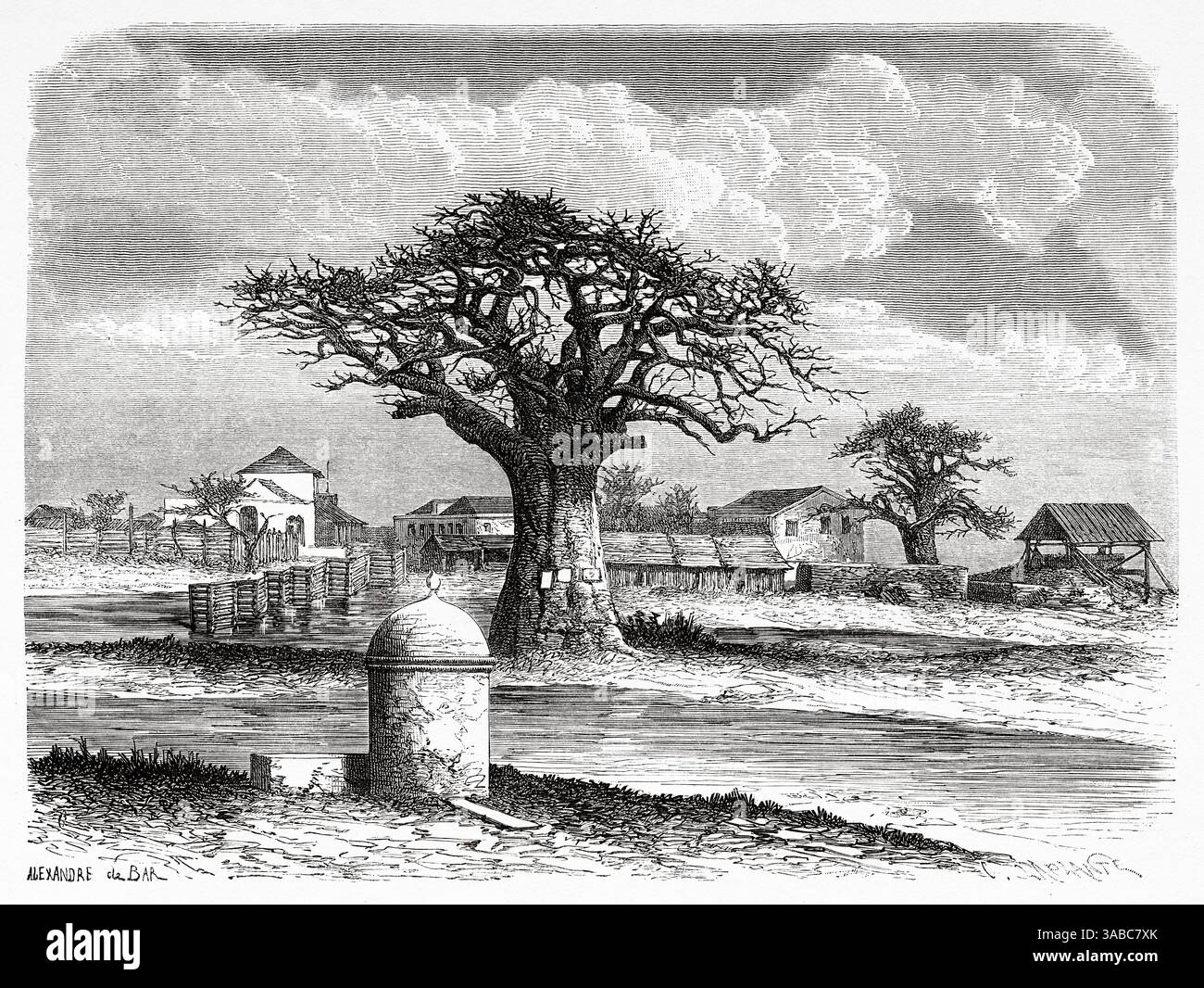 Vieille jetée de Dakar, Sénégal, Afrique. Dessin d'Alexandre de Bar (1821-1908) croisière sur les côtes africaines en 1868 par le vice-amiral Alphonse Fleuriot de Langle (1809 - 1881) le Tour du monde 1872 Banque D'Images