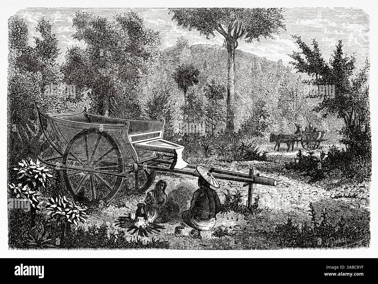 Charrette à bœufs laotienne traditionnelle, Laos. Péninsule d'Indochine, Asie du Sud-est. Dessin de Louis Delaporte (1842 - 1925) voyage d'exploration en Indochine de Francis Garnier (1839 - 1873). Le Tour du monde 1872 Banque D'Images