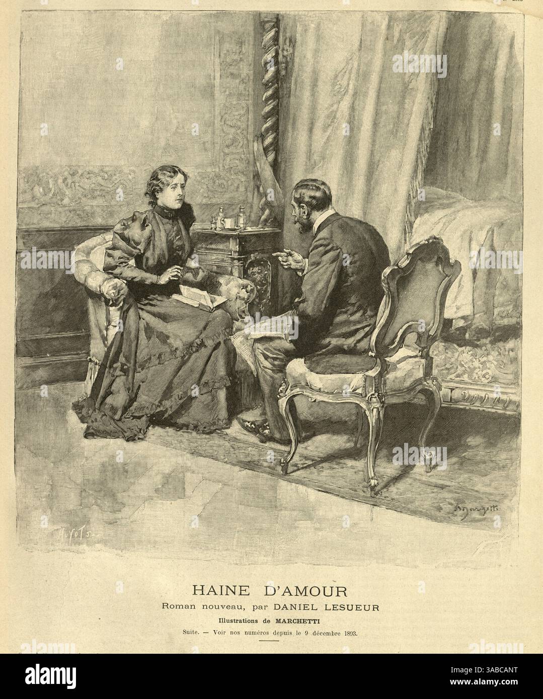 Homme et femme assis parlant face à face, livre ouvert en tour de femme, victorien, illustration vintage, XIXe siècle des années 1890 Banque D'Images