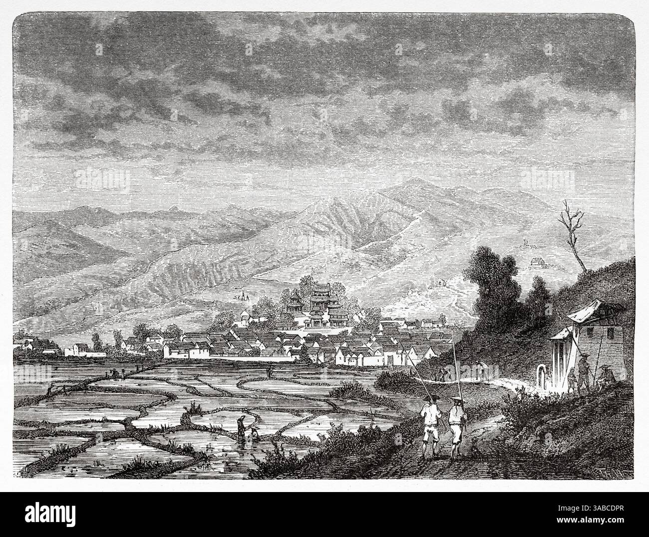 Village de Ta-lan, sud de la province du Yunnan, Chine, Asie. Dessin de Theodore Weber (1838-1907) exploration voyage en Indochine de Francis Garnier (1839 - 1873) le Tour du monde 1872 Banque D'Images Village de Ta-lan, sud de la province du Yunnan, Chine, Asie. Dessin de Theodore Weber (1838-1907) exploration voyage en Indochine de Francis Garnier (1839 - 1873) le Tour du monde 1872 Banque D'Images