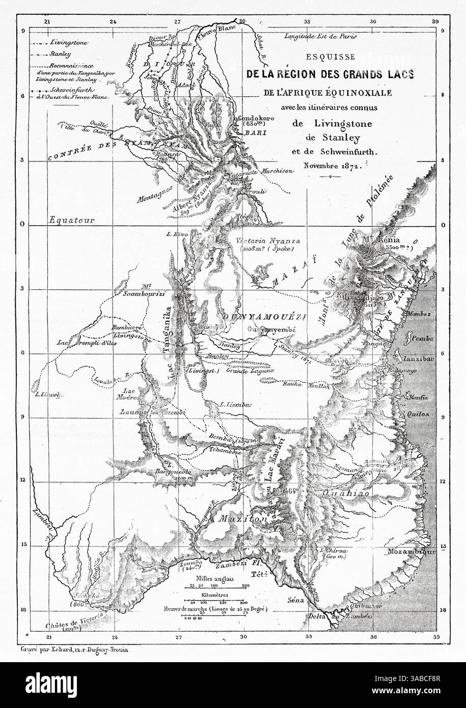 Ancienne carte de la région des grands Lacs de l'Afrique équinoctiale, montrant les routes connues de Livingstone de Stanley et Schweinfurth. Sénégal, Afrique. Croisière sur les côtes africaines en 1868 par le vice-amiral Alphonse Fleuriot de Langle (1809 - 1881) le Tour du monde 1872 Banque D'Images