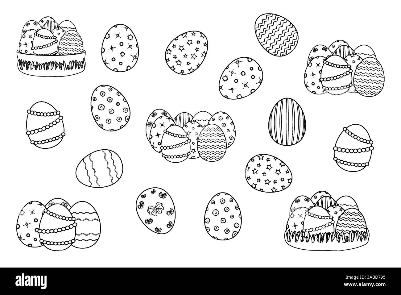 Une collection d'oeufs de Pâques finement ornés en noir et blanc. Un ensemble idéal pour coloriage, artisanat de fête et activités pour enfants. Illustration de Vecteur