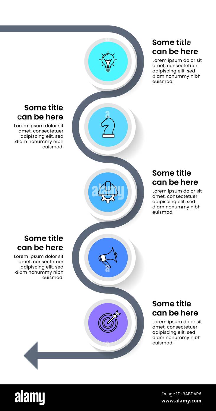 Modèle infographique avec icônes et 5 options ou étapes. Ligne verticale. Peut être utilisé pour la mise en page de flux de travail, diagramme, bannière, webdesign. Illustration vectorielle Illustration de Vecteur