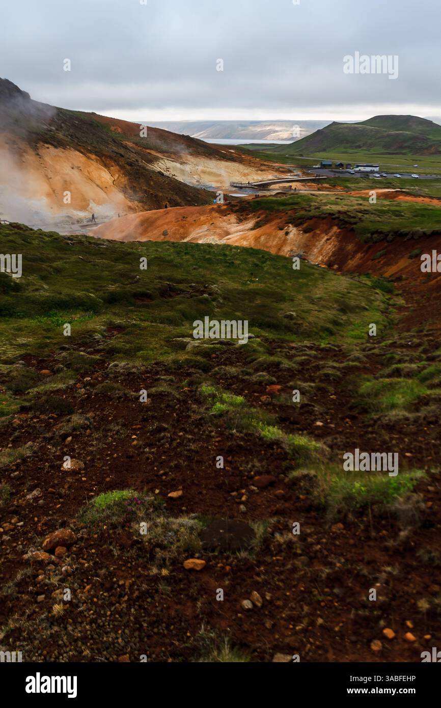 Vapeur s'élevant des sources thermales de Gunnuhver, géoparc mondial UNESCO de Reykjanes, péninsule de Reykjanes, Islande Banque D'Images
