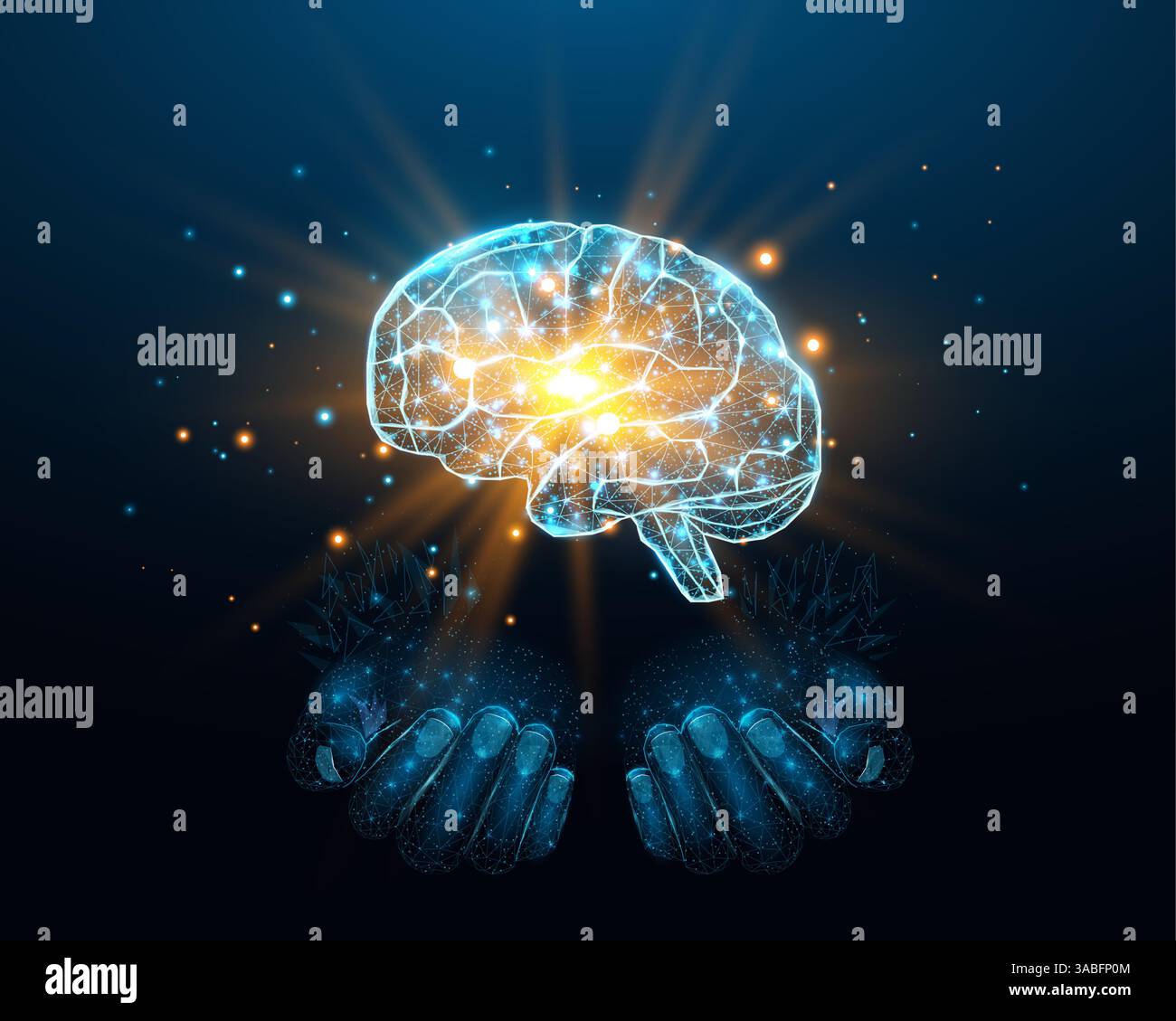 Deux mains humaines sont le cerveau humain. Soutenir le concept de cerveau sain. Design en polypoly basse et brillant sur fond bleu foncé. Abstrait futuriste Illustration de Vecteur