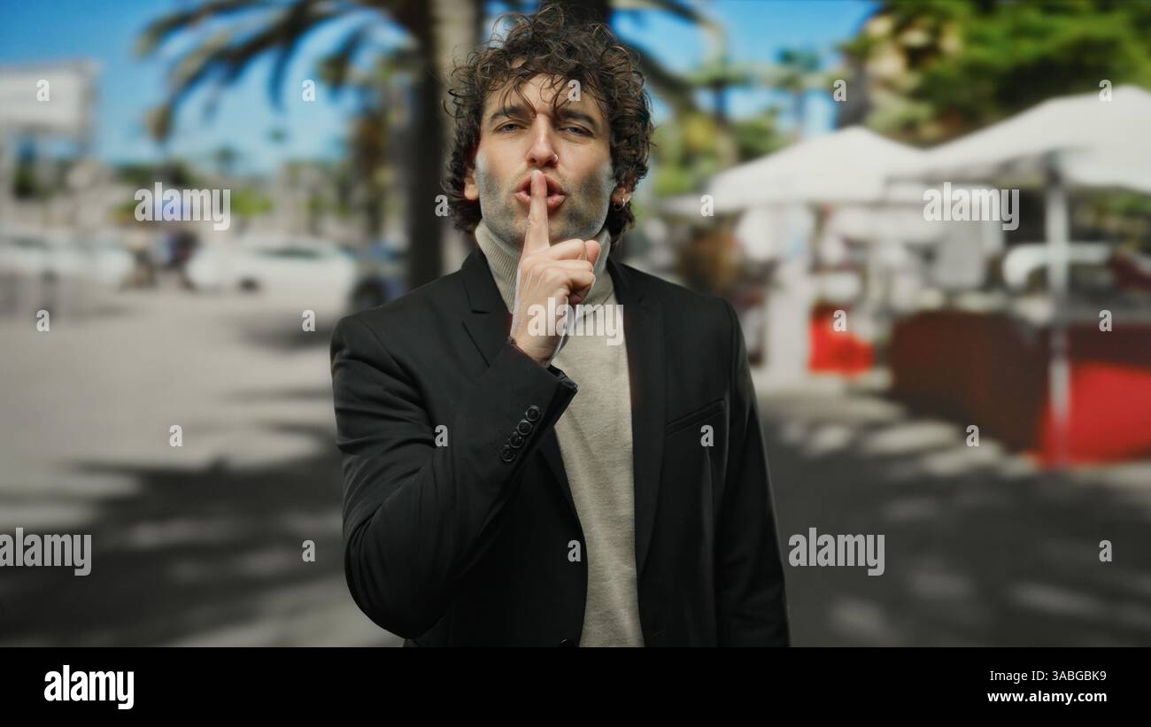 Bel homme avec des cheveux bouclés faisant un geste bousculant tout en portant un blazer dans un cadre de ville en plein air avec un fond flou de cafés et d'arbres un Banque D'Images