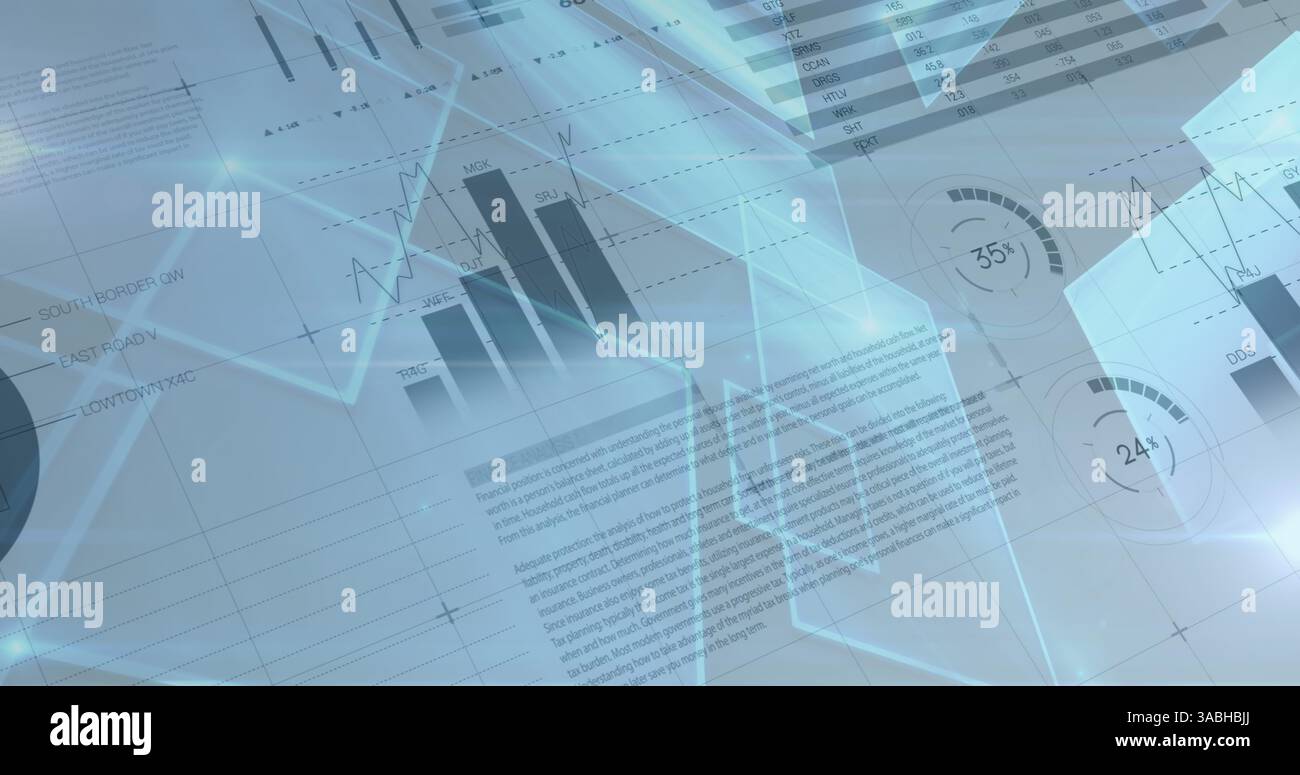 Image des statistiques et du traitement des données sur des écrans sur blanc Banque D'Images