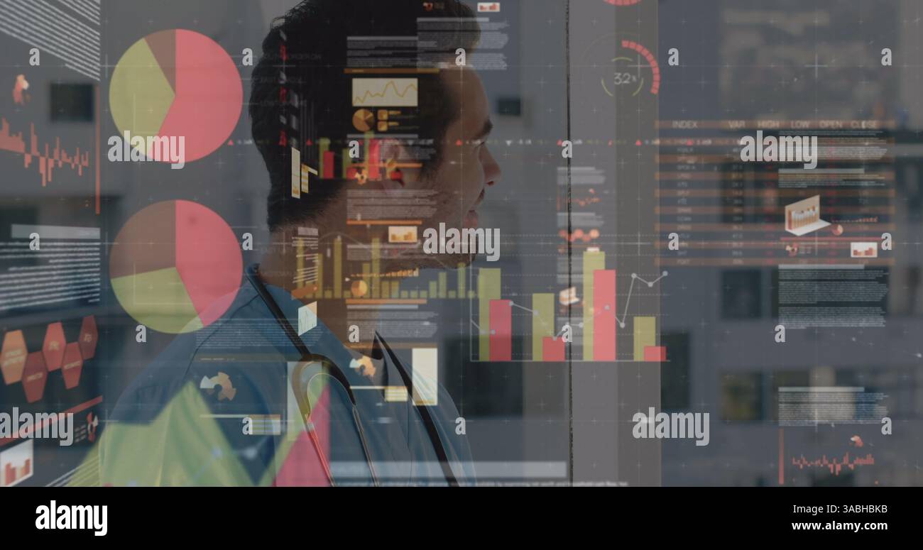 Image de statistiques et de traitement de données sur médecin masculin Banque D'Images