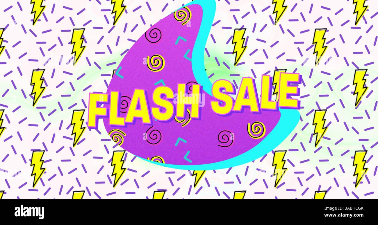 Texte de vente flash sur la bannière violette contre les icônes de Thunderbolt dans un modèle sans couture sur fond blanc Banque D'Images