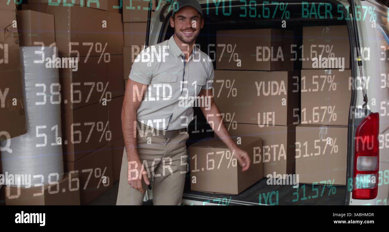 Image du traitement des données sur l'homme emballant des boîtes dans la voiture Banque D'Images