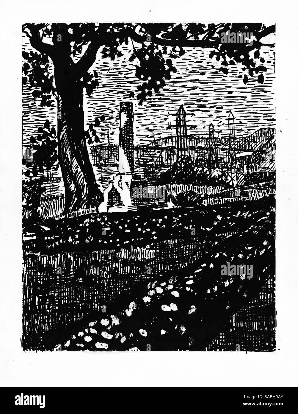 Une représentation sereine d'un cimetière tranquille avec de grands arbres et des pierres tombales bien entretenues, évoquant la paix et le calme Banque D'Images