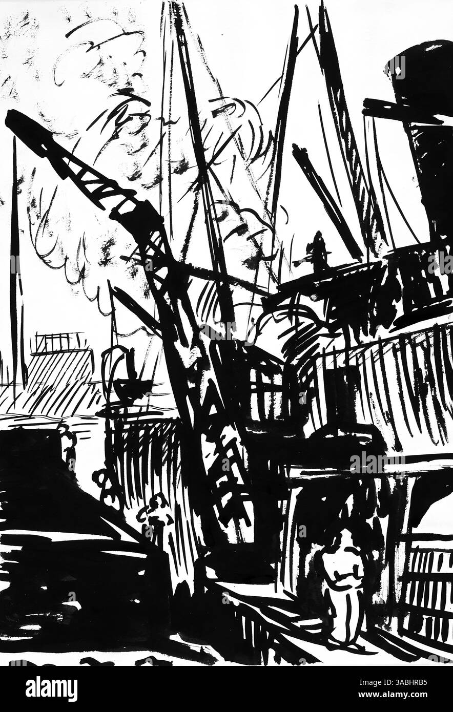 Une illustration classique montrant une scène de quai détaillée qui met en scène un navire avec une grue qui est en fonctionnement Banque D'Images