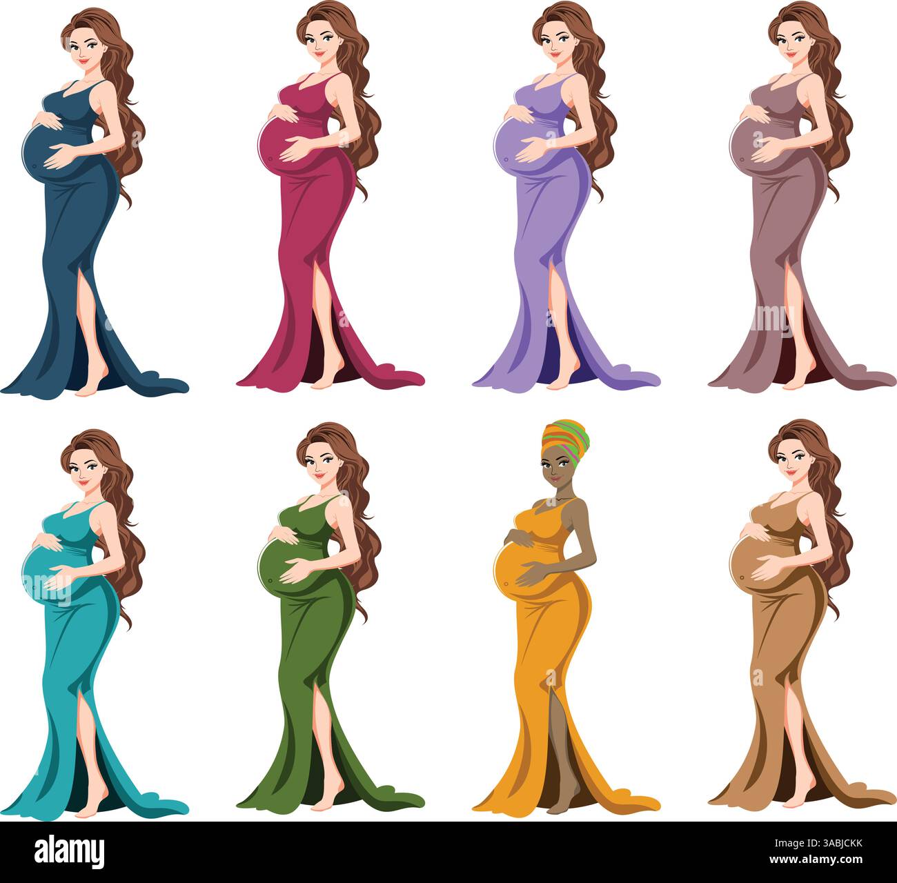Ensemble de personnages de femmes enceintes dans les robes de robe de maternité Illustration de Vecteur