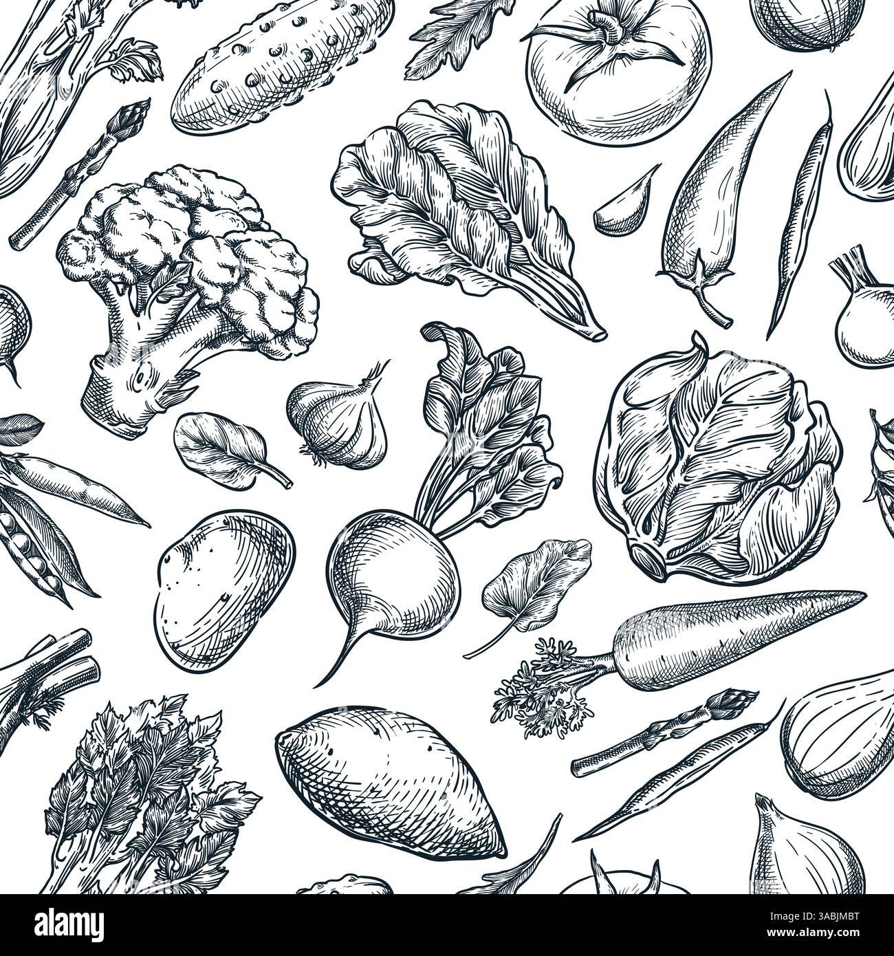 Modèle sans couture de légumes frais de ferme. Illustration de croquis dessinée à la main de vecteur de brocoli, carotte, tomate, concombre, verts. Arrière-plan de l'emballage d'étiquettes. Illustration de Vecteur