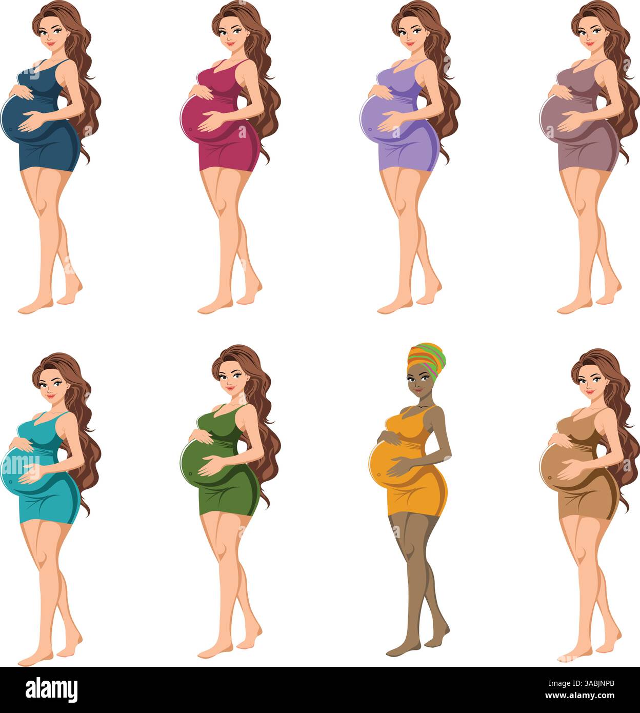 Ensemble de personnages pour femmes enceintes dans des robes Bodycon de maternité élégantes Illustration de Vecteur