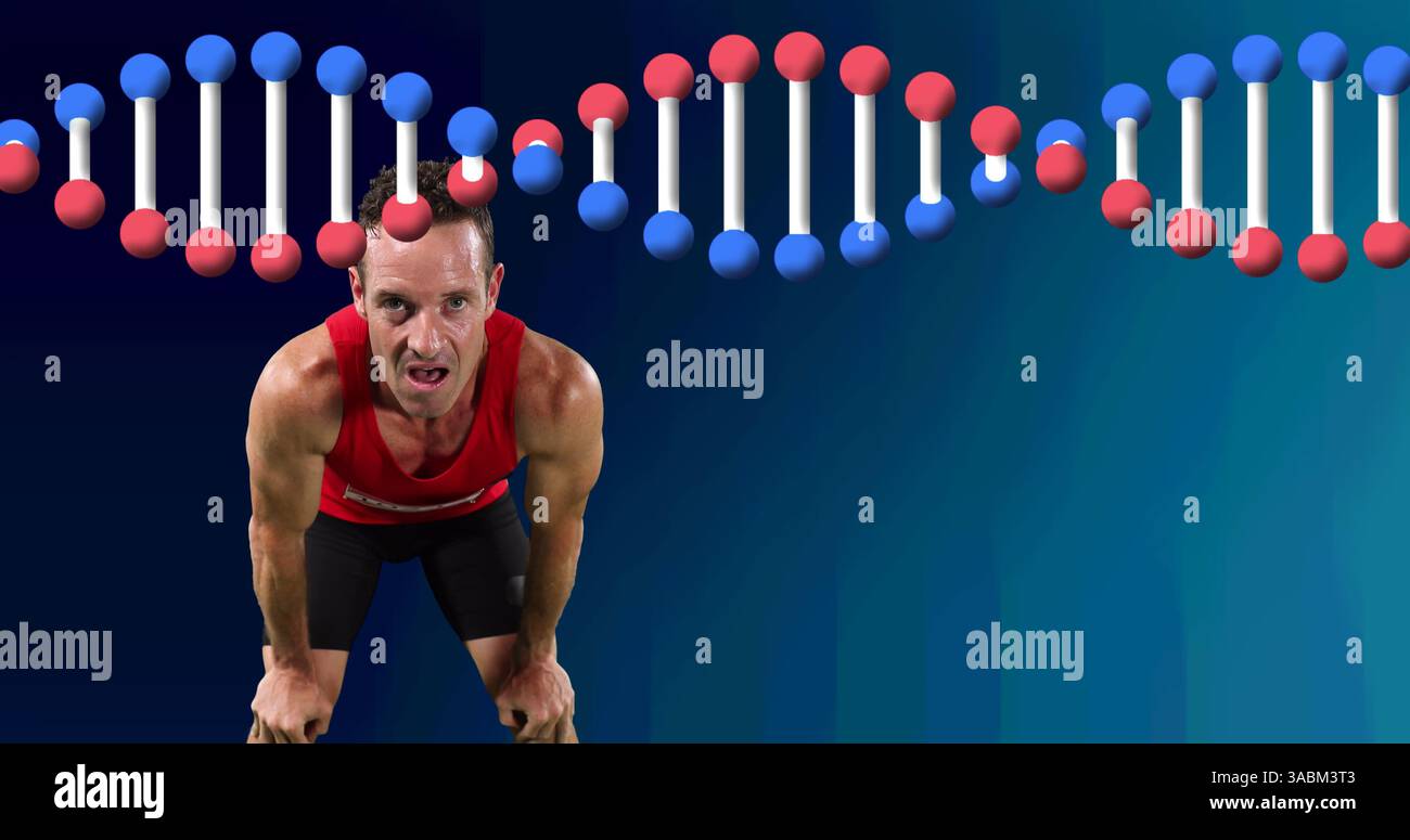 Image d'un brin d'adn au-dessus d'un sportif masculin au repos Banque D'Images