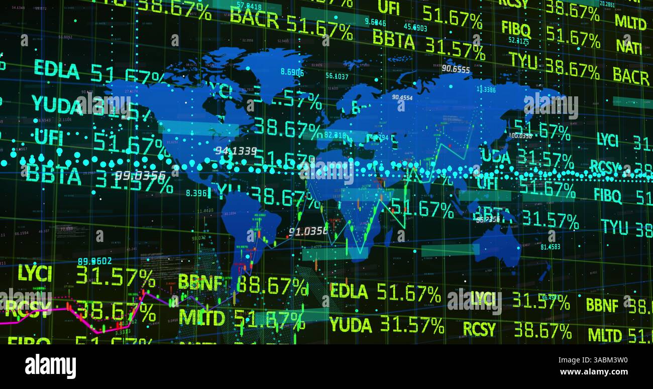 Image du traitement des données financières sur la carte du monde Banque D'Images