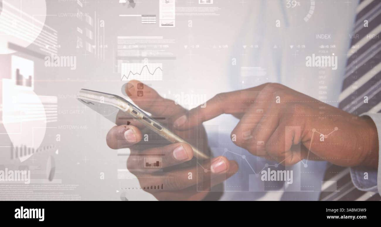 Image des statistiques et du traitement des données sur homme d'affaires à l'aide de smartphone Banque D'Images