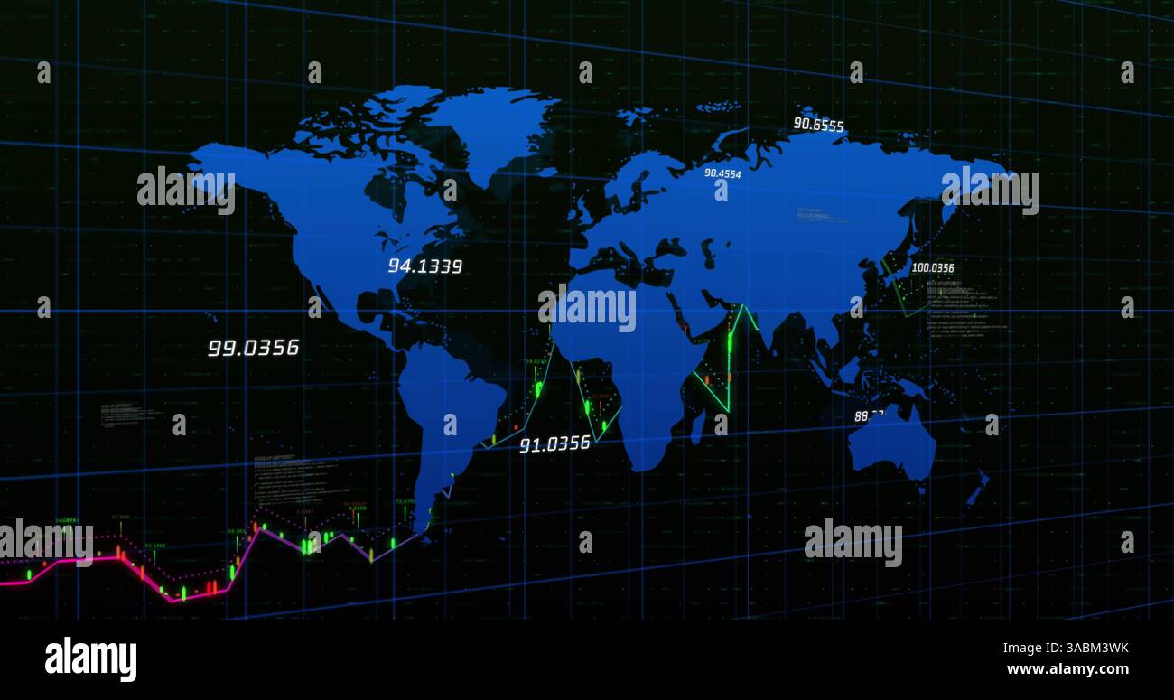 Image du traitement des données financières sur la carte du monde Banque D'Images