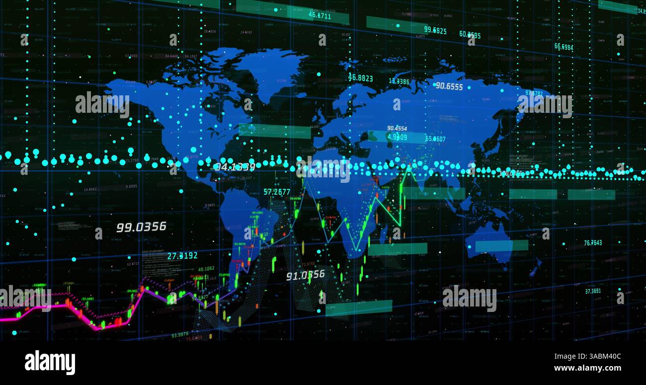 Image du traitement des données financières sur la carte du monde Banque D'Images