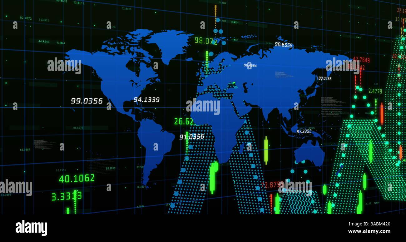 Image du traitement des données financières sur la carte du monde Banque D'Images