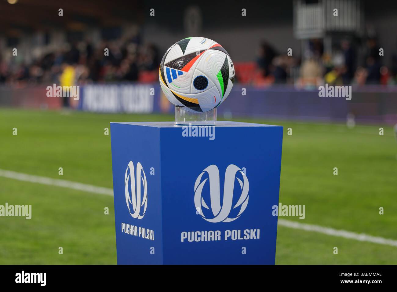 Niepolomice, Pologne, 1er avril 2025, match de football dans la demi-finale de la Coupe de Pologne entre Puszcza Niepolomice et Pogon Szczecin, Op : Pilka Na Stojaku, pu Banque D'Images