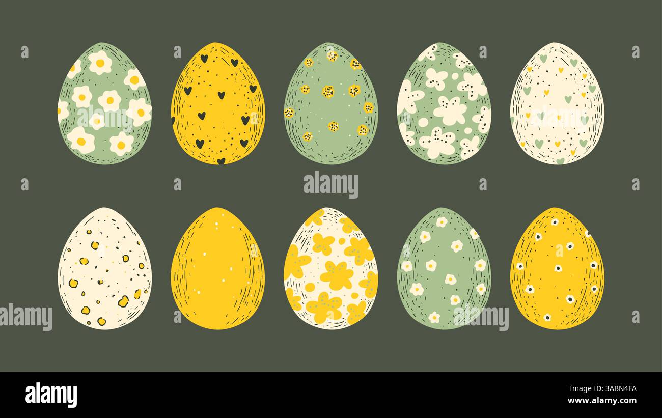 Collection de chasse aux oeufs de Pâques Eggs isolés esquisse pastel vacances de printemps rustique Art folklorique ensemble vectoriel Illustration de Vecteur