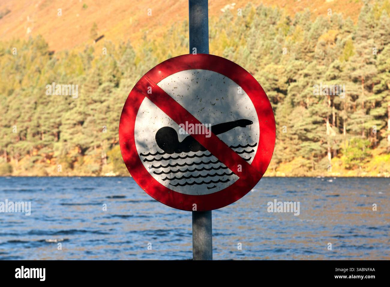 Danger- panneau d'interdiction de natation à Glendalough Upper Lake , Comté de Wicklow , Irlande. Banque D'Images