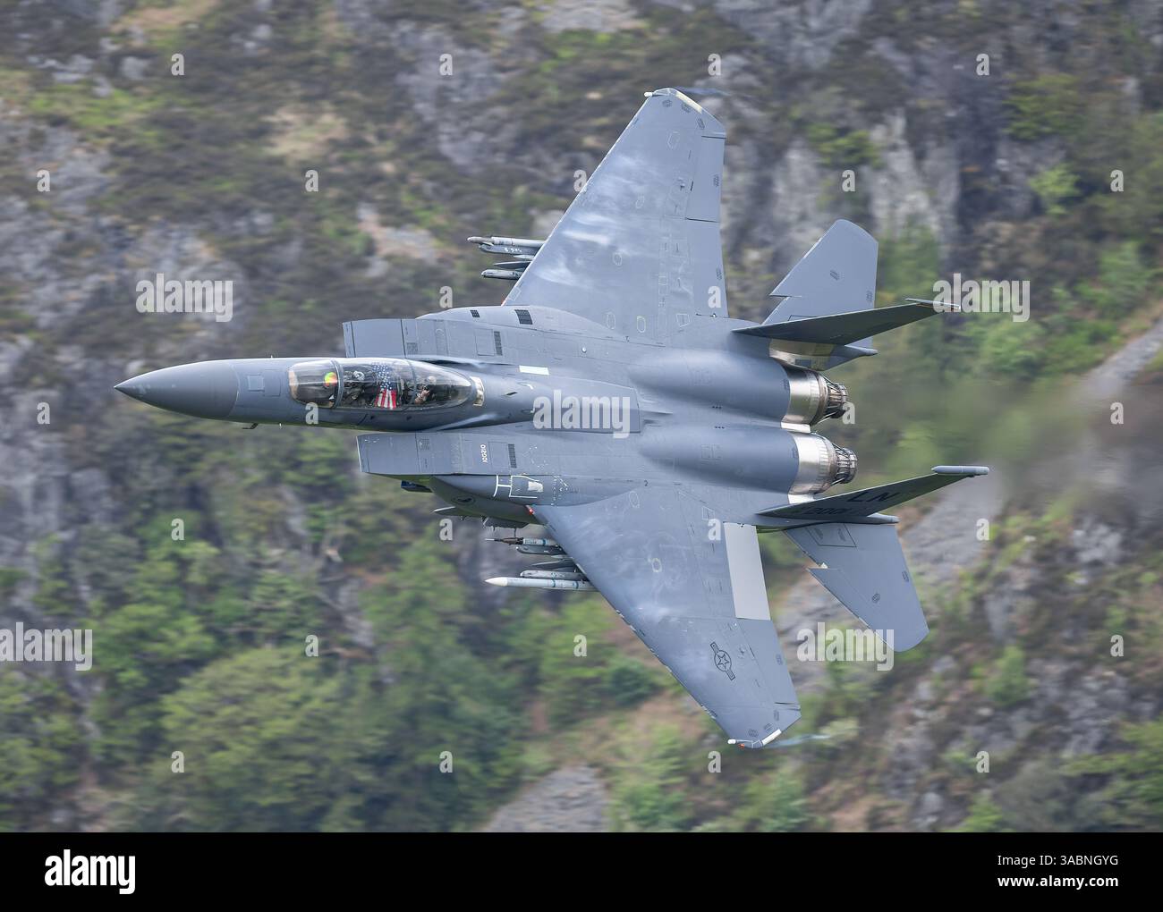 La F15 Eagle de la RAF Lakenheath avec peinture spéciale transite par LFA7, pays de Galles. Banque D'Images