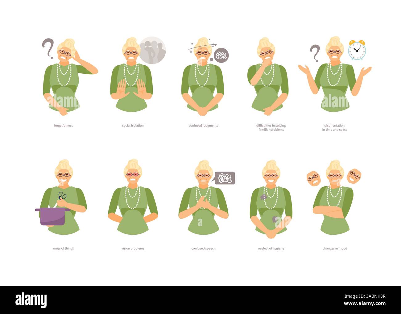 Caractère de femme âgée avec des symptômes de la maladie d'Alzheimer. Illustration vectorielle Illustration de Vecteur