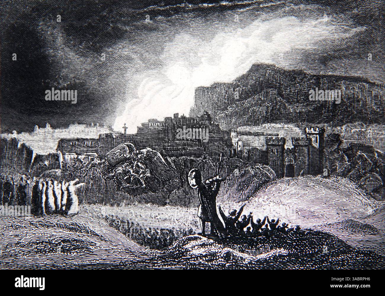 Gravure sur acier de la chute des murs de Jéricho - les Israélites ont marché autour des murs de la ville une fois par jour pendant 6 jours et 7 fois le septième jour (J Banque D'Images