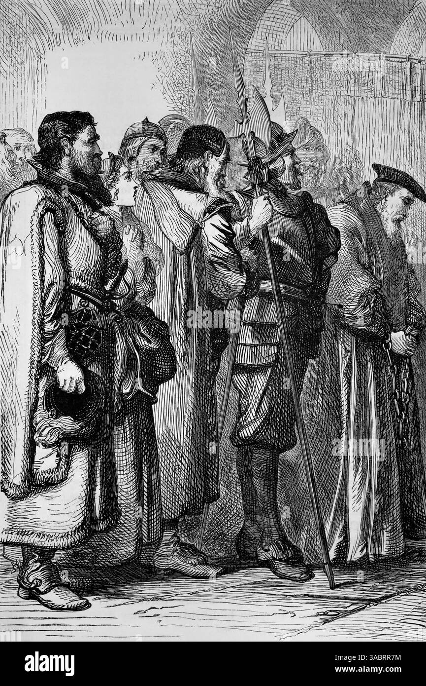 Illustration de Thomas Cranmer Archevêque de Cantorbéry enchaîné et debout tête baissée dans l'église St Mary's écoutant le sermon du Dr Cole sur le Banque D'Images