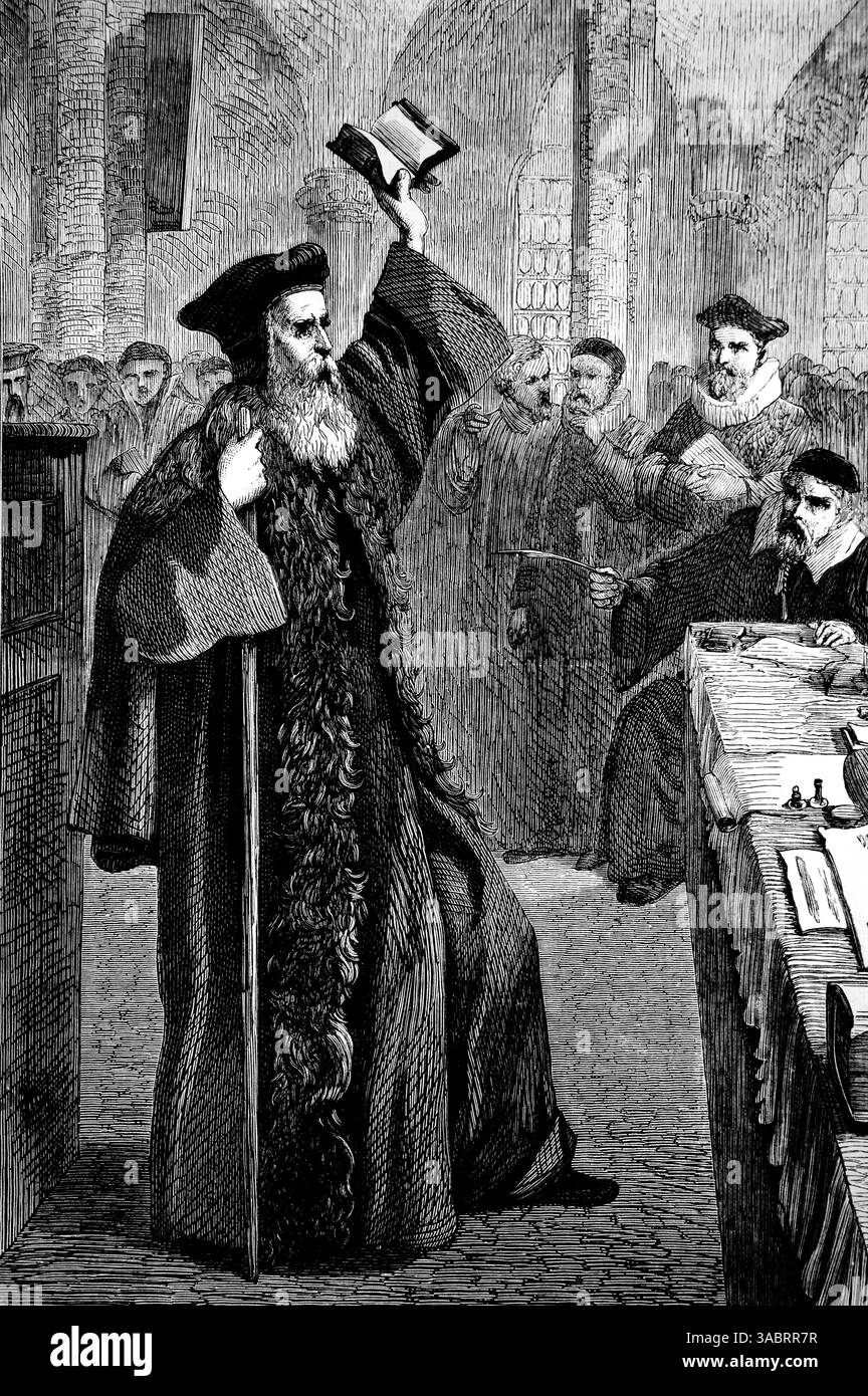 Illustration de Thomas Cranmer 1489-1556 Chef de la réforme anglaise debout avec son personnel à la main dans la convocation tenue à l'église St Mary Banque D'Images