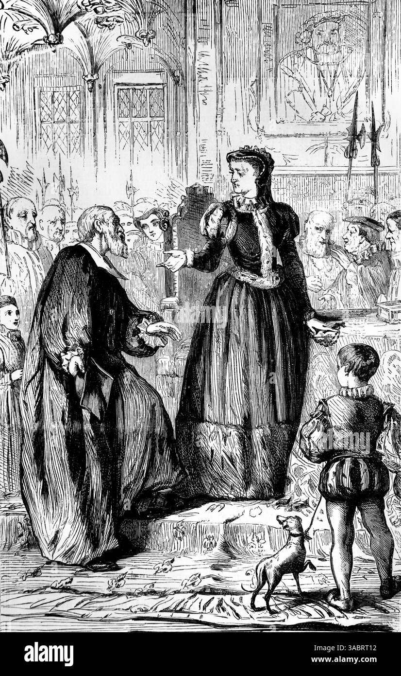 Illustration de l'évêque protestant Ridley (martyr) visitant la princesse Mary future reine d'Angleterre à Hunsden demandant à prêcher à son église qui s Banque D'Images