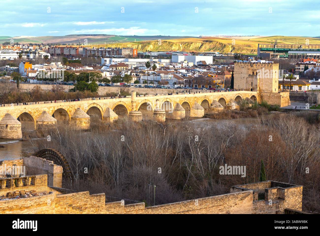 Puente Romano Vieux Pont romain sur la rivière Guadalqivir vue aérienne du paysage d'en haut, Cordoue Espagne Centre historique Panorama Banque D'Images
