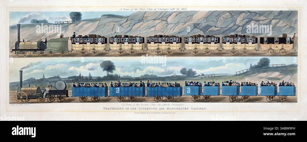 Gravure aquatinte colorée à la main de voyager sur le chemin de fer de Liverpool et Manchester, un train de voitures de 1re classe avec le courrier, et un train de seconde classe pour les passagers extérieurs 1831 par S G Hughes d'après Isaac Shaw art art antique vintage estampe historique du 19ème siècle transport Banque D'Images