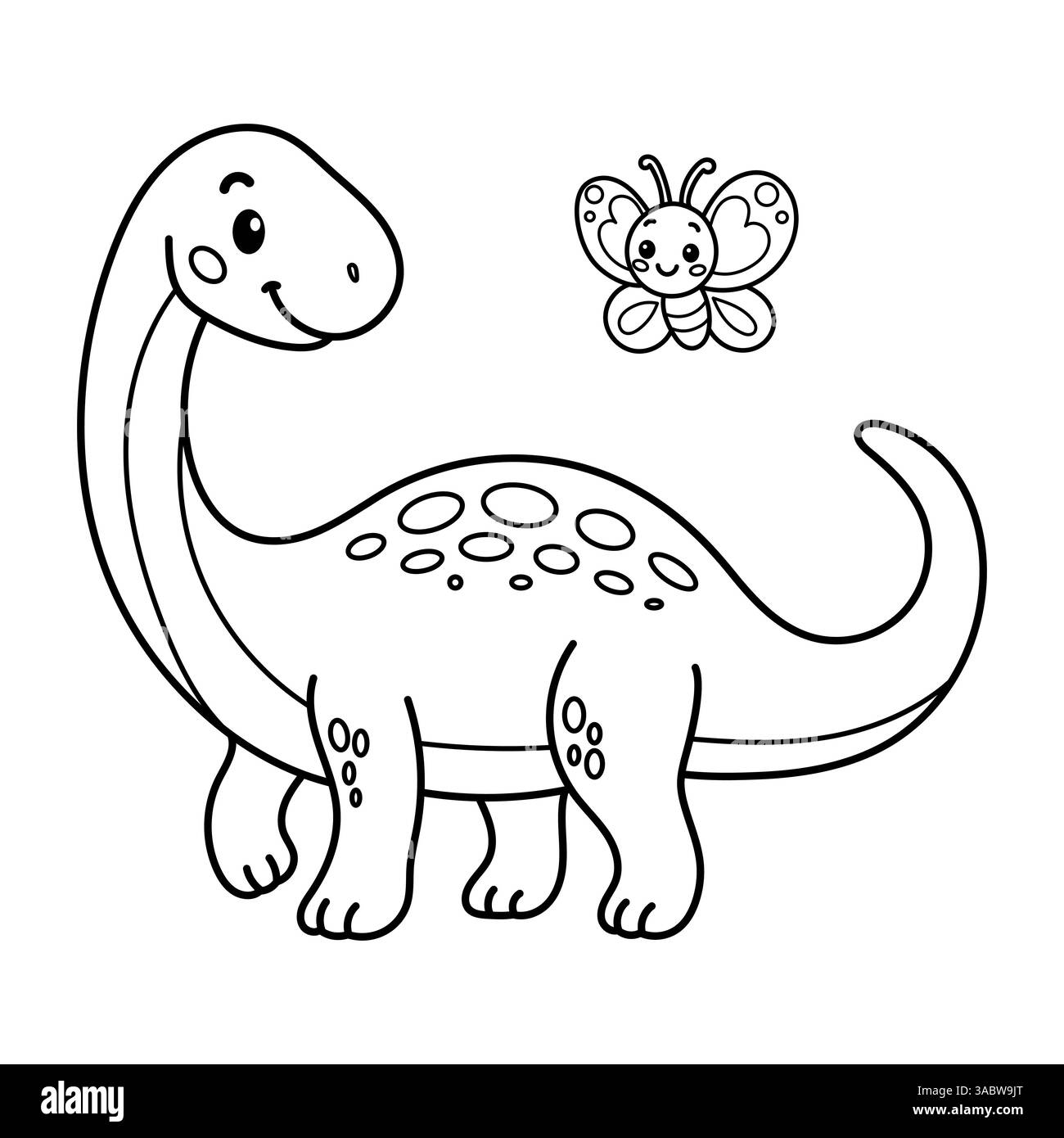 Dinosaure de sauropode de dessin animé amical et illustration de papillon faite pour les activités de coloration des enfants Illustration de Vecteur